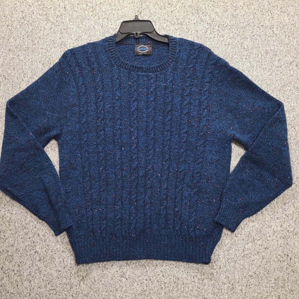Vintage Jantzen Mens Blue Confetti Fleck Cable Knit Sweater Made in USA Large